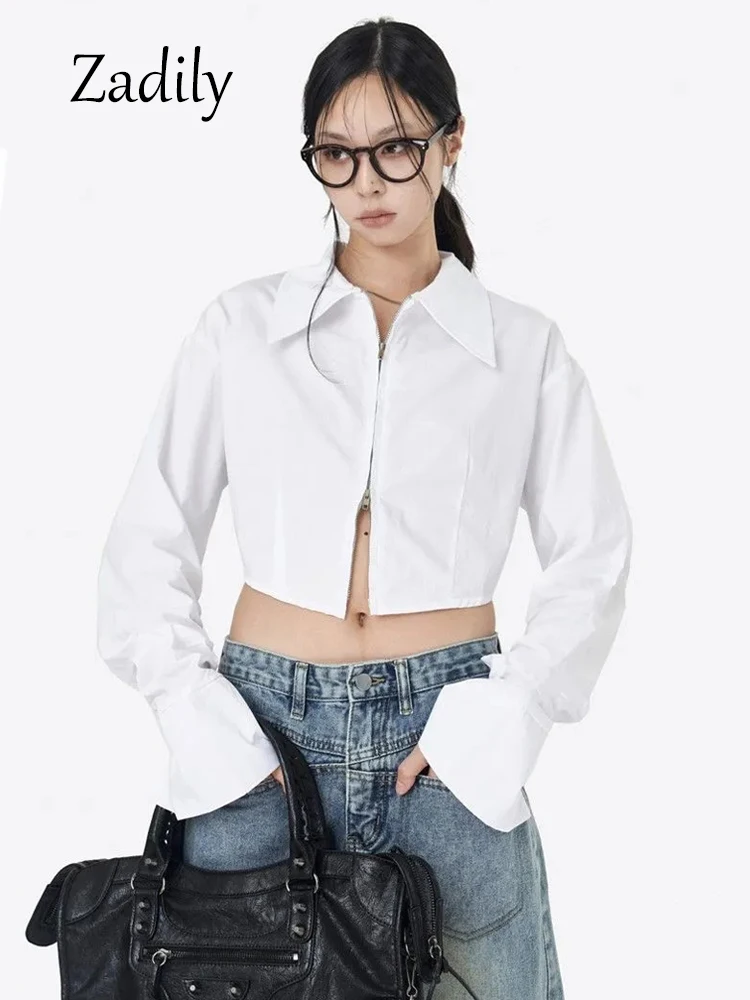 

Zadily 2023 Spring Long Sleeve Women's White Shirt Streetwear Y2K Zipper Up Woman Crop Top Blouse Casual Summer Female Clothing