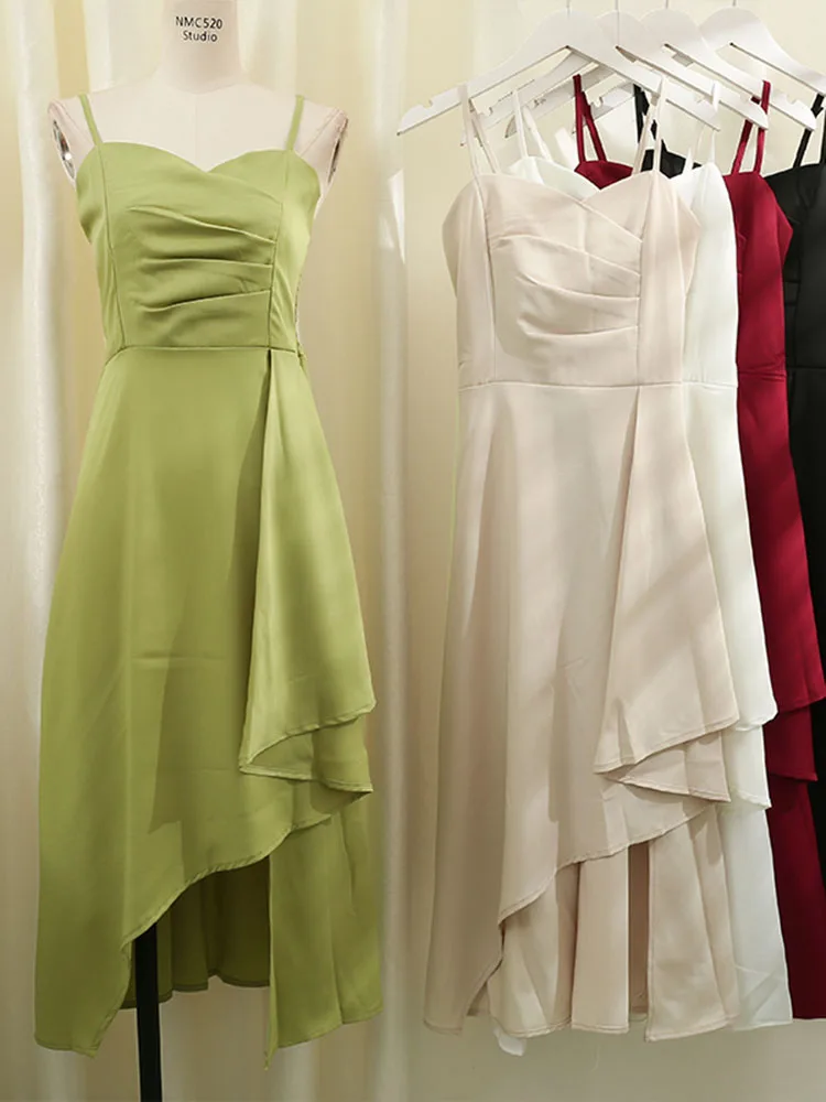 

Женское асимметричное платье на бретельках, однотонное вечернее платье с высокой талией и V-образным вырезом, без бретелек, лето 2022