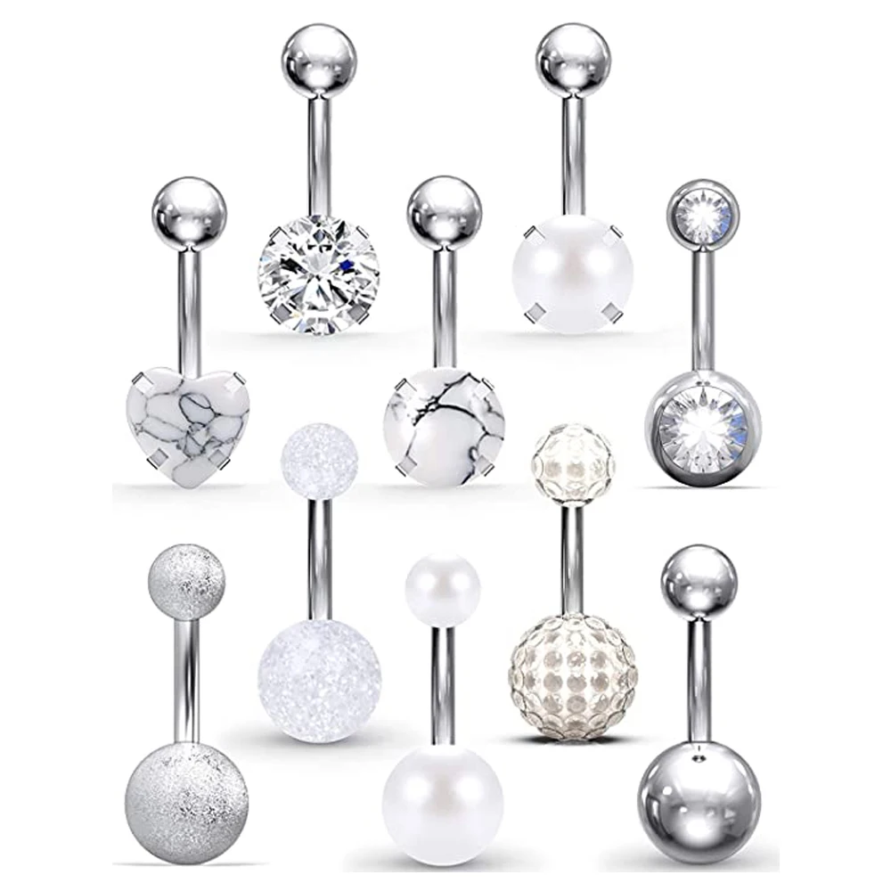 WKOUD Кольца для пупка из нержавеющей стали 14G с кристаллами CZ и сердцем из опала, штанга для прокола тела.