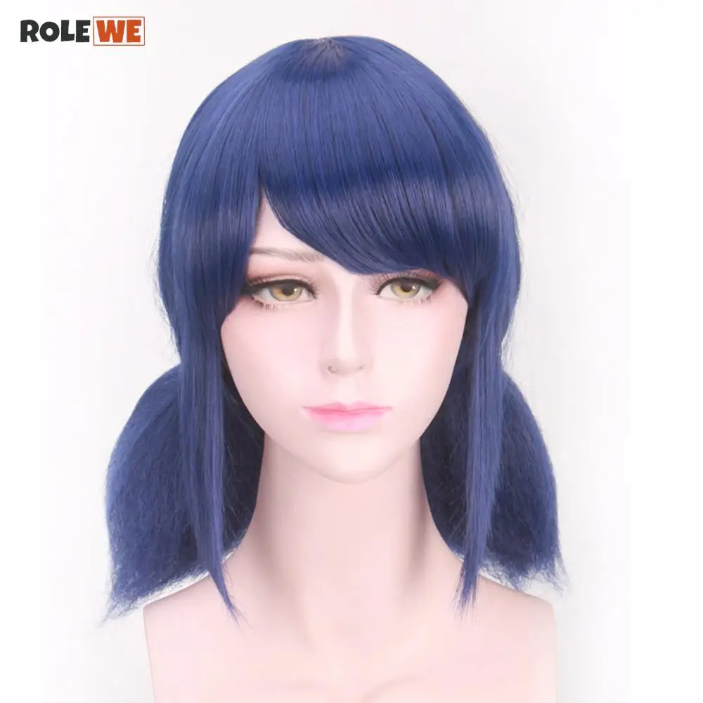 

LB Wigs Peluca Marinette Cosplay Wigs Double Ponytails Short Straight Blue Hair Wigs + Wig Cap