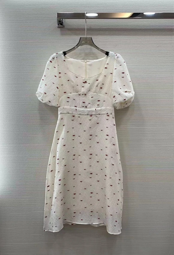 2023 new women fashion short sleeve square neck speckled print slim pleated fabric lady elegant dress 1623