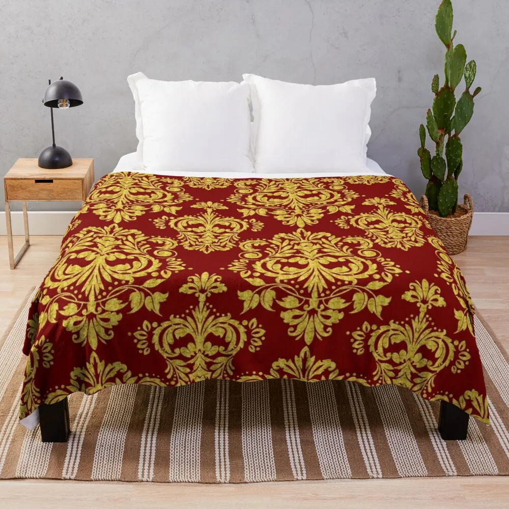 

Gold and dark-red floral damask pattern Throw Blanket