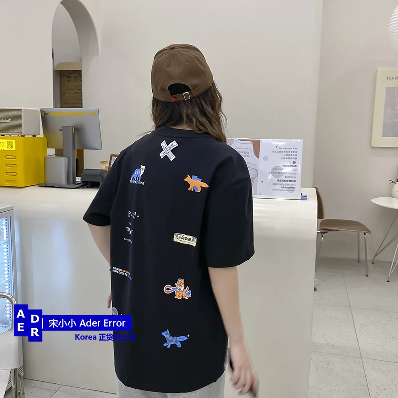 

2023 New Authentic ADER Short Sleeve Cartoon Full Printed Fox Printed round Neck Men and Women Couple T-shirt