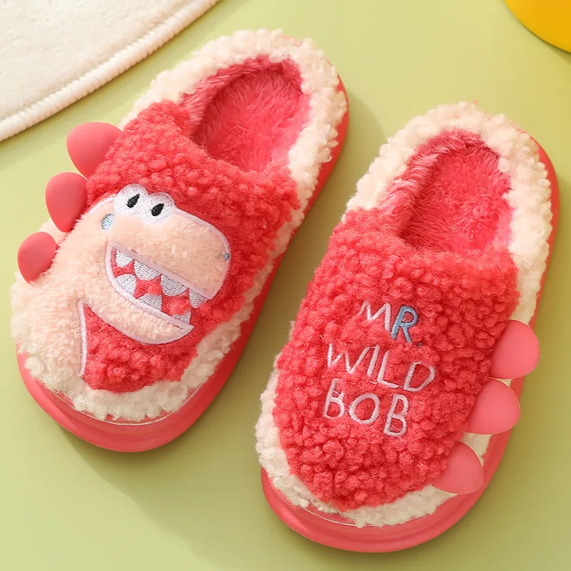 Winter Cotton Slippers Women's Home Indoor Warm Keeping Cute Thick Sole Parent Child Dinosaur Wool Slippers Home