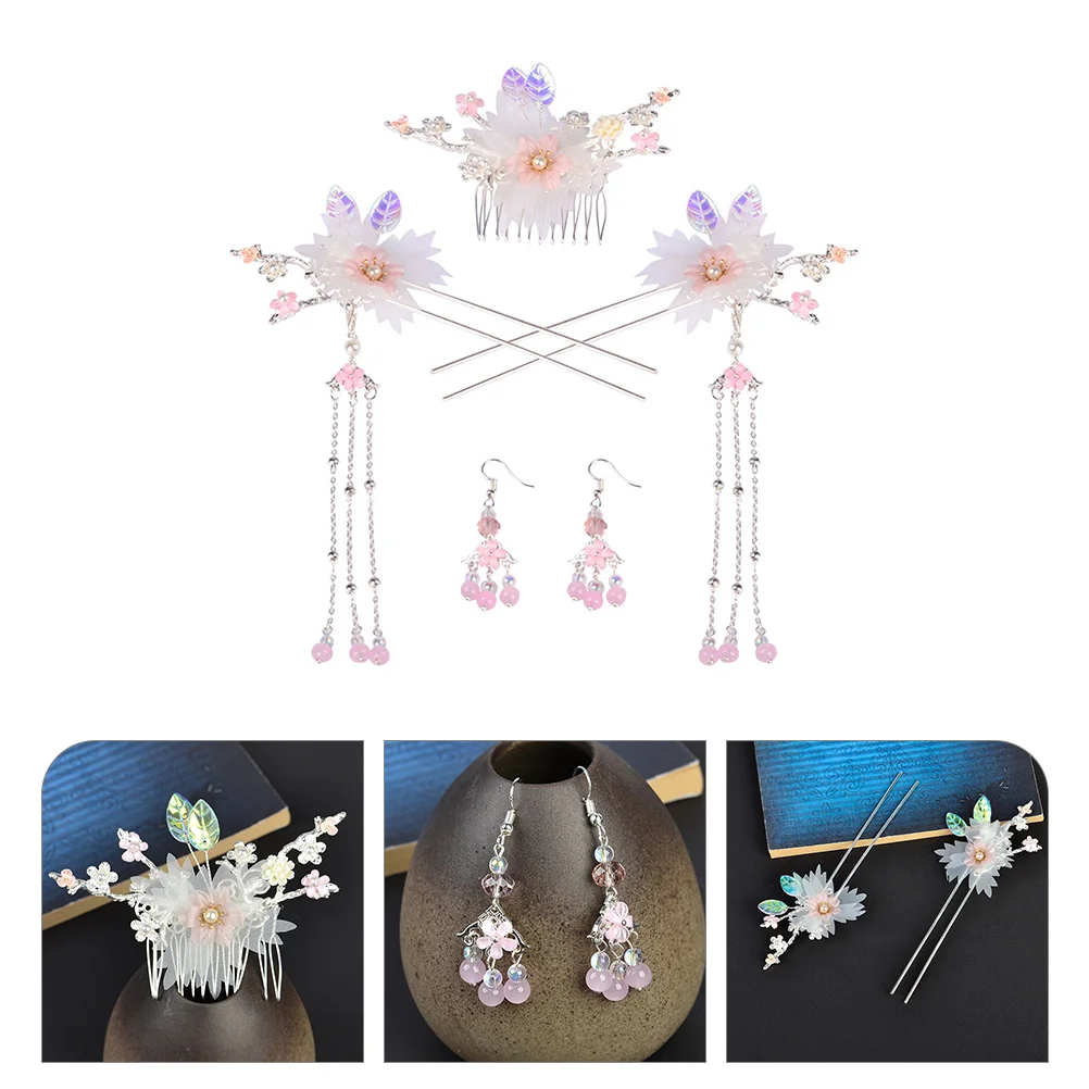 

Hair Flower Tassel Accessories Hairpins Headdress Chinese Style Women Retro Fork Earrings Stickhanfu Comb Elegant Dangle Pearl