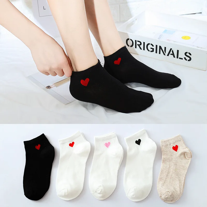 

5Pair Heel Embroidered Love Boat Socks Spring Cotton Color Girls Cute Heart Embroidery Casual Funny Ankle Socks Pack Women's