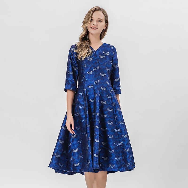 

Yarn-dyed Silk V-neck Three-quarter Sleeves Dresses Women Mesh Pair Silk Hollow Silk Dress Vintage Woman Dress Summer AS10018