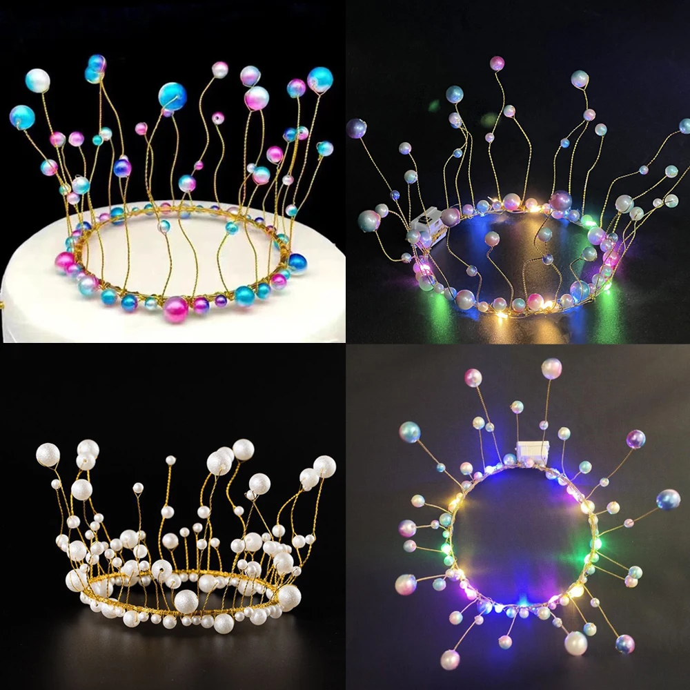 

1PC LED Lamp Cake Decoration Tools Glowing Pearl Crown Princess Gift Cake Top Topper for Wedding Happy Birthday Party Supplies