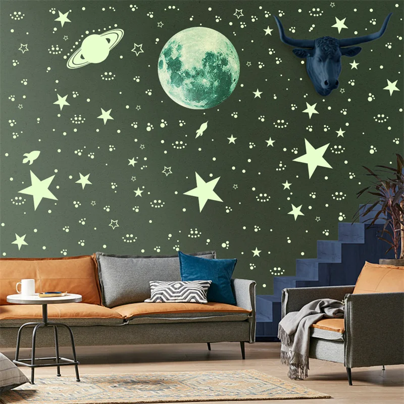 

Luminous 3D Stars Dots Moon Wall Sticker Glow In The Dark Decal for Kids Room Baby Bedroom Home Decoration Planet Rocket Sticker