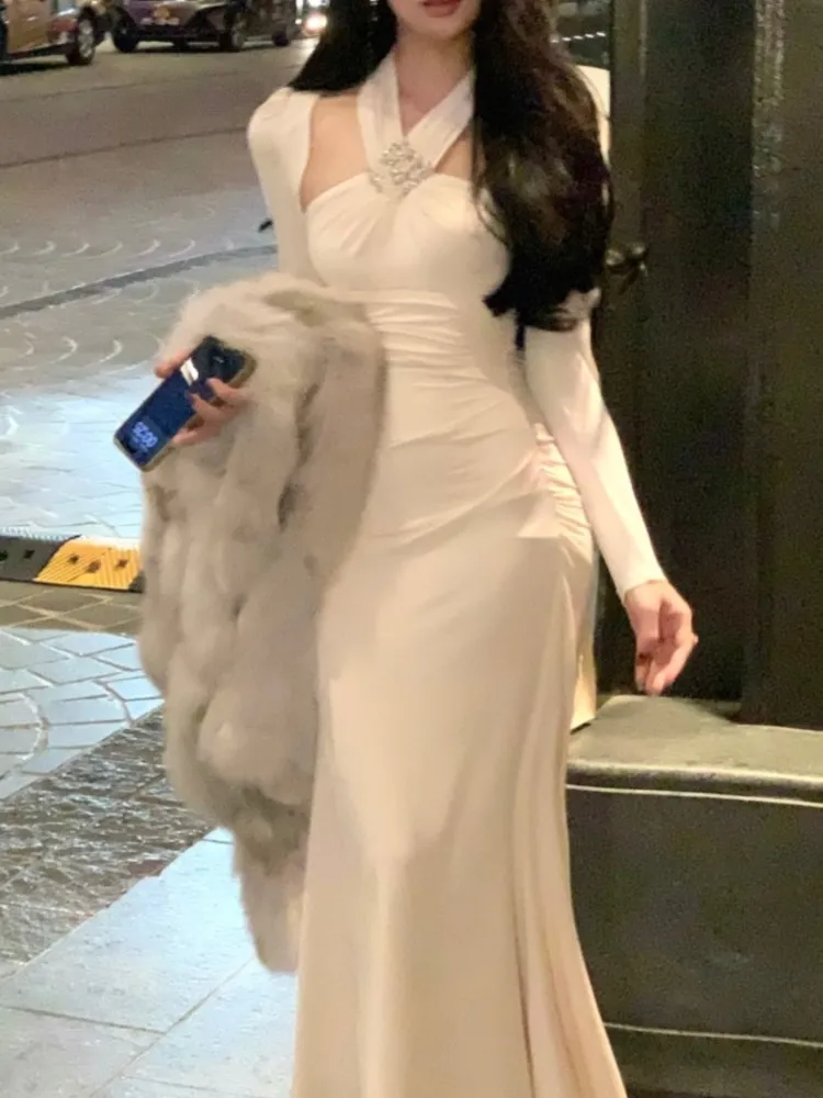 Элегантное платье миди с лямкой на шее женские Облегающие юбки-годе вышивкой