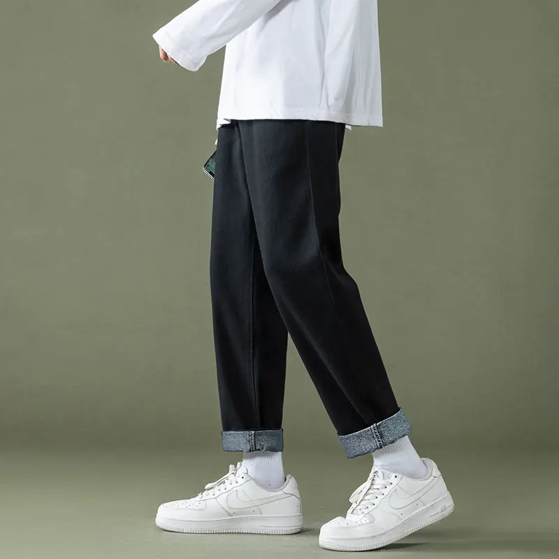 EOENKKY/2022 New Spring Men's Straight Jeans Light Blue Washed Cotton Ripped Solid Color Wide-leg Denim Nine-point Pants