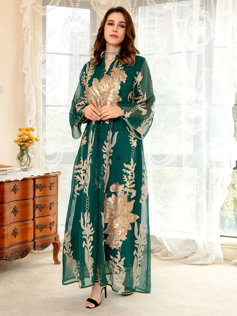

Modest Muslim Moroccan Caftan Dubai Abaya Dress for Women Party Luruxy Sequins Mesh Gold Thread Embroider Jalabiya 2023