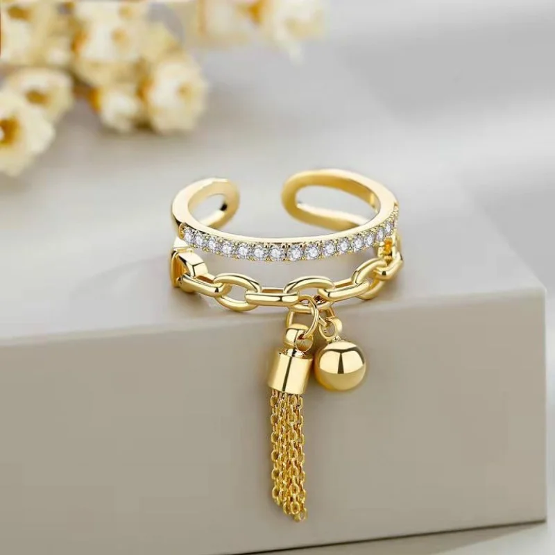 

Adjustable Metal Set White Zircon Rings Women's Chain Fringe Ring