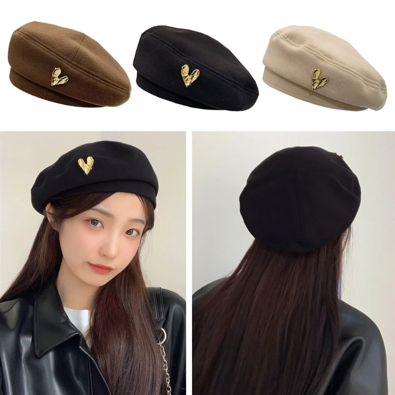

Korean Style Autumn and Winter Woolen Berets Caps for Women Retro Wild with Love Heart Brimless Painter Hats Elegant Beret Hat