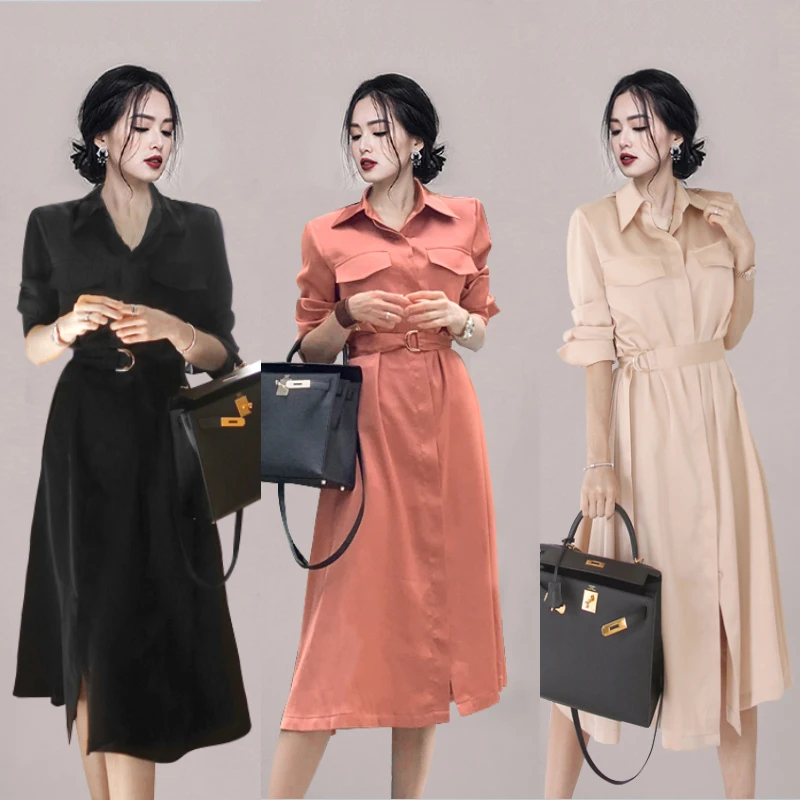 2024 новое осеннее корейское элегантное офисное платье-рубашка женское