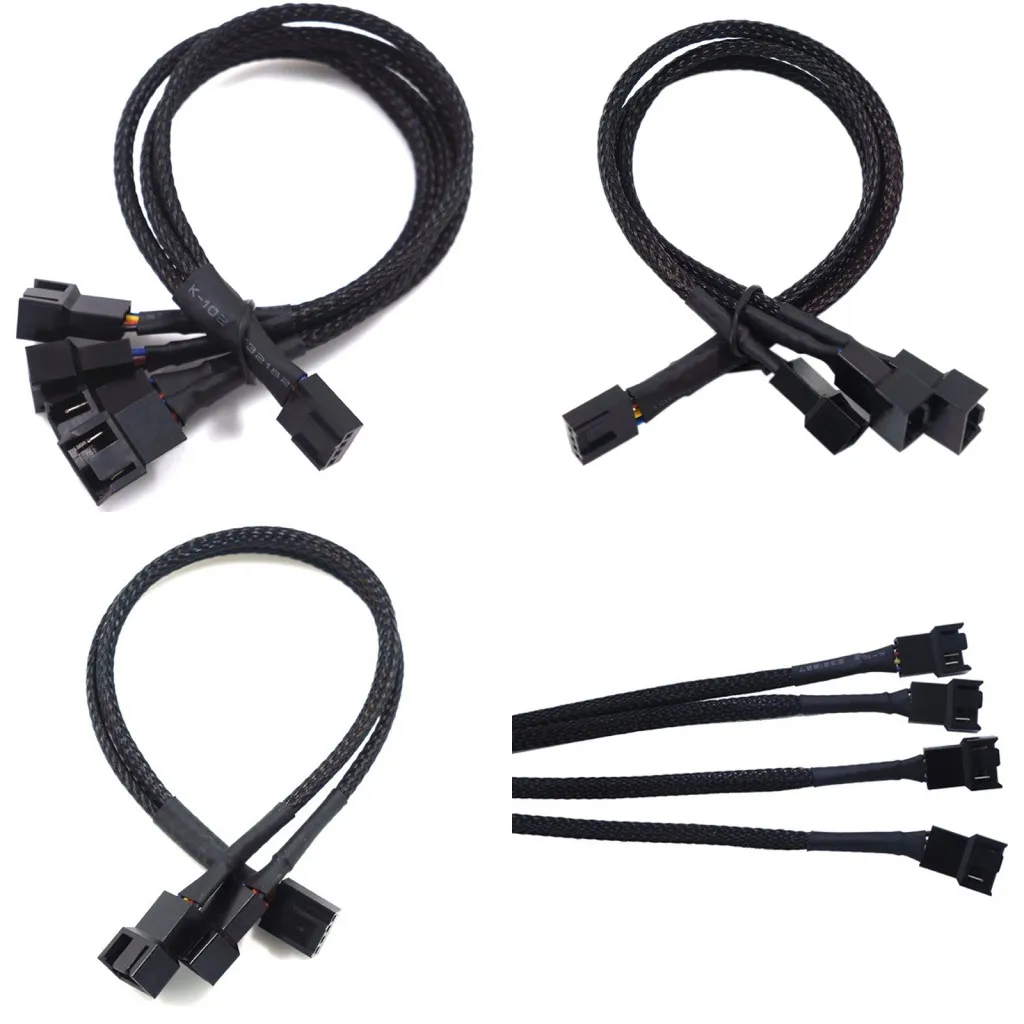 

High Quality 4 Pin Pwm Fan Cable 1 To 2/3/4 Ways Splitter Black Sleeved 27cm Extension Cable Connector 4Pin PWM Extension Cables