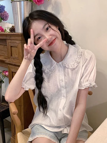 Kawaii White Shirts Women Japanese Lolita Lace Patchwork Blouses Summer Harajuku Preppy Puff Short Sleeve Peter Pan Collar Tops