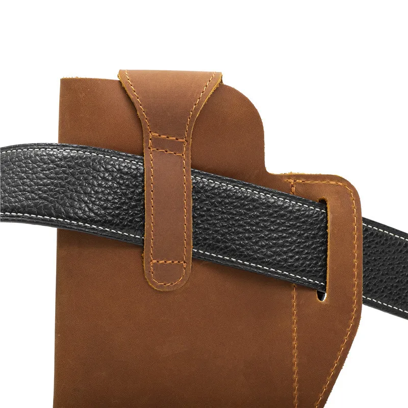 Men's Leather Fanny Pack Cigarette Case Bag Cell Phone Bag Vertical Paragraph Hanging Bag Crazy Horse Leather Retro Outdoor