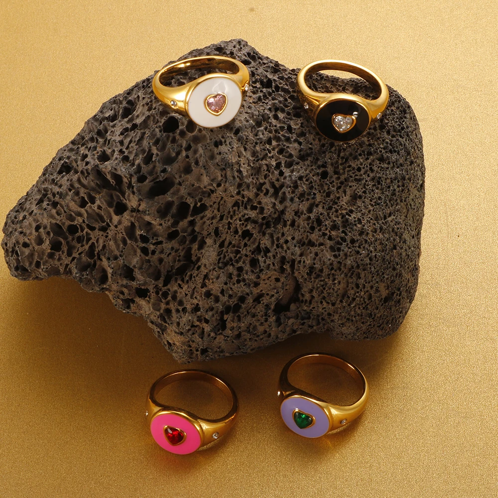 

Stainless Steel Heart Love Colorful Enamel Zircon Stone Ring For Women Fashion Gold Plated Ring Jewelry Gift