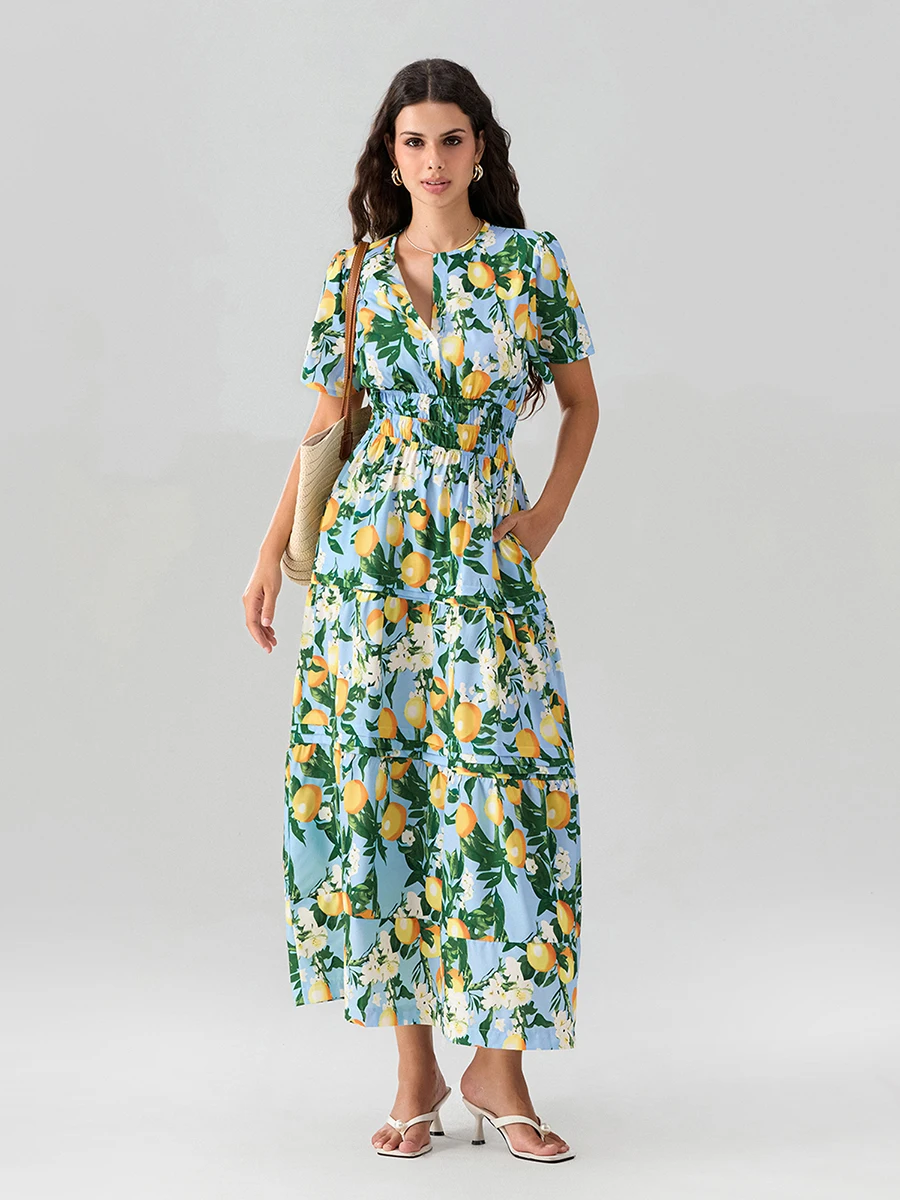 Женское длинное платье с коротким рукавом и V-образным вырезом