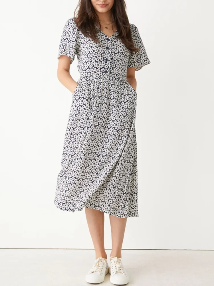 

Women V-Neck Midi Dress Slim Waist Short Sleeve Daisy Print Lace-Up Long Robes 2022 Summer Fresh Pastoral Style Elegant Dresses
