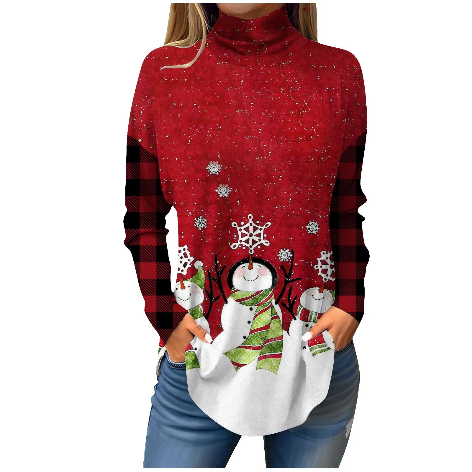 

Christmas Women T Shirt New Fashion Christmas Print Women's Blouse Long Sleeve Turtleneck T-shirt Female Autumn Winter Top