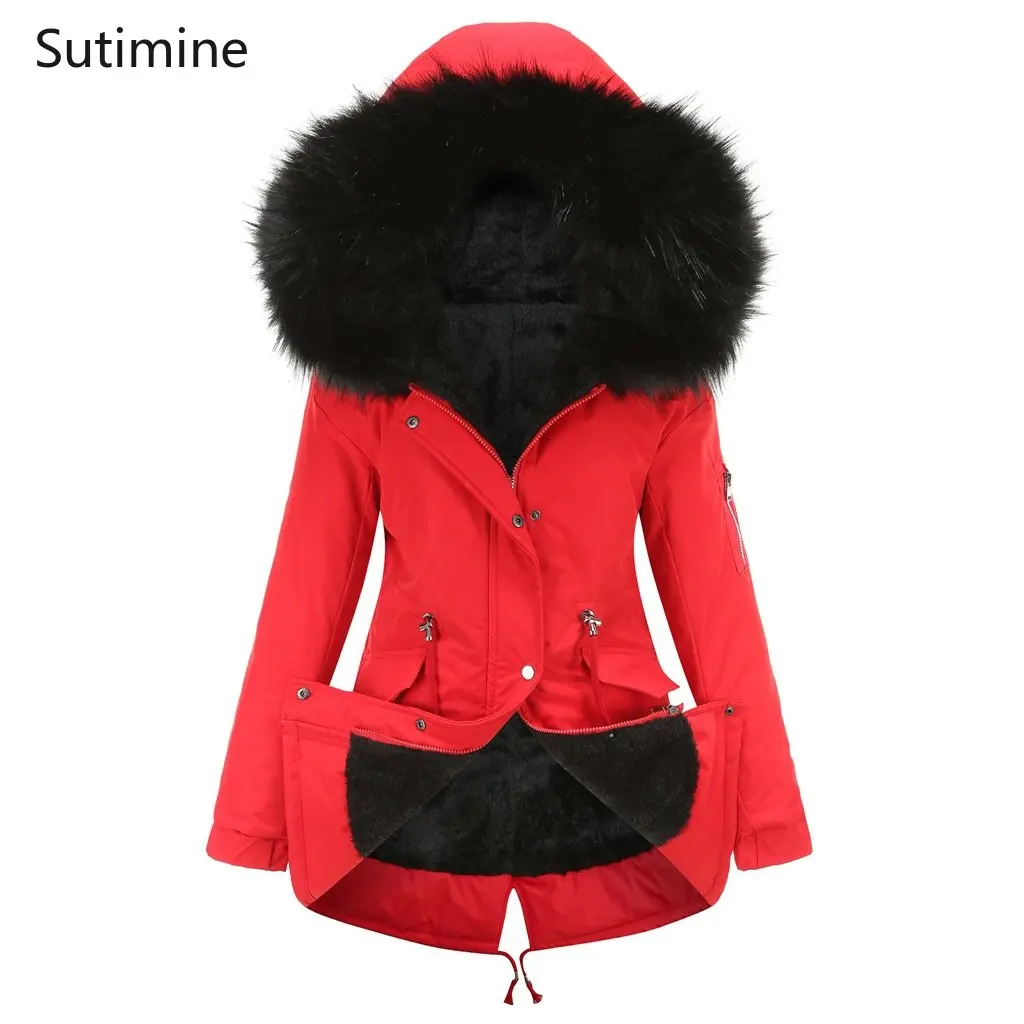 Winter Clothes Women Office Lady Flocking Hooded Winter Warm Plush Coat Cotton Jacket Button Pockets Loose Winter Clothes Women