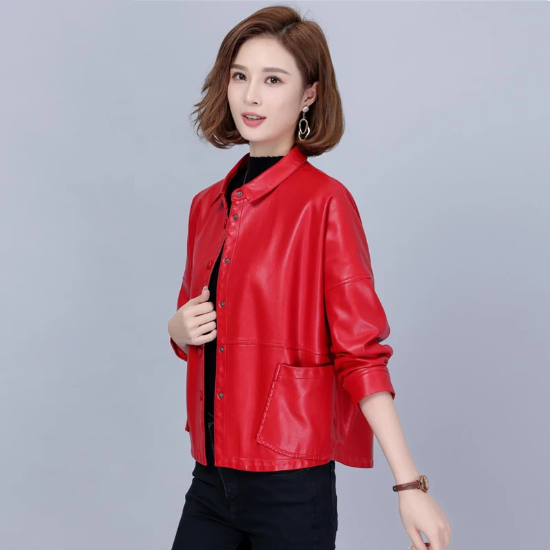 KoHuiJoo  Leather jacket Women 2022 Spring Autumn New Mother Fashion Loose Outerwear Long Sleeve Pocket Design Women's Coat Red