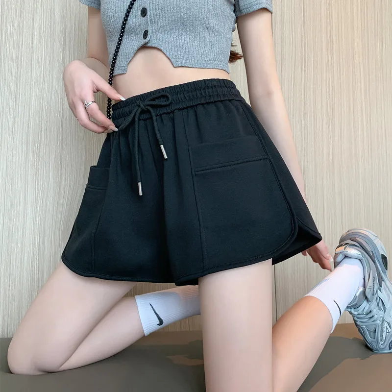 Shorts Women Drawstring High Waist Sports Shorts Summer Wide Leg Large Pocket Loose Female Shorts Korean All-match Bottoms 2023