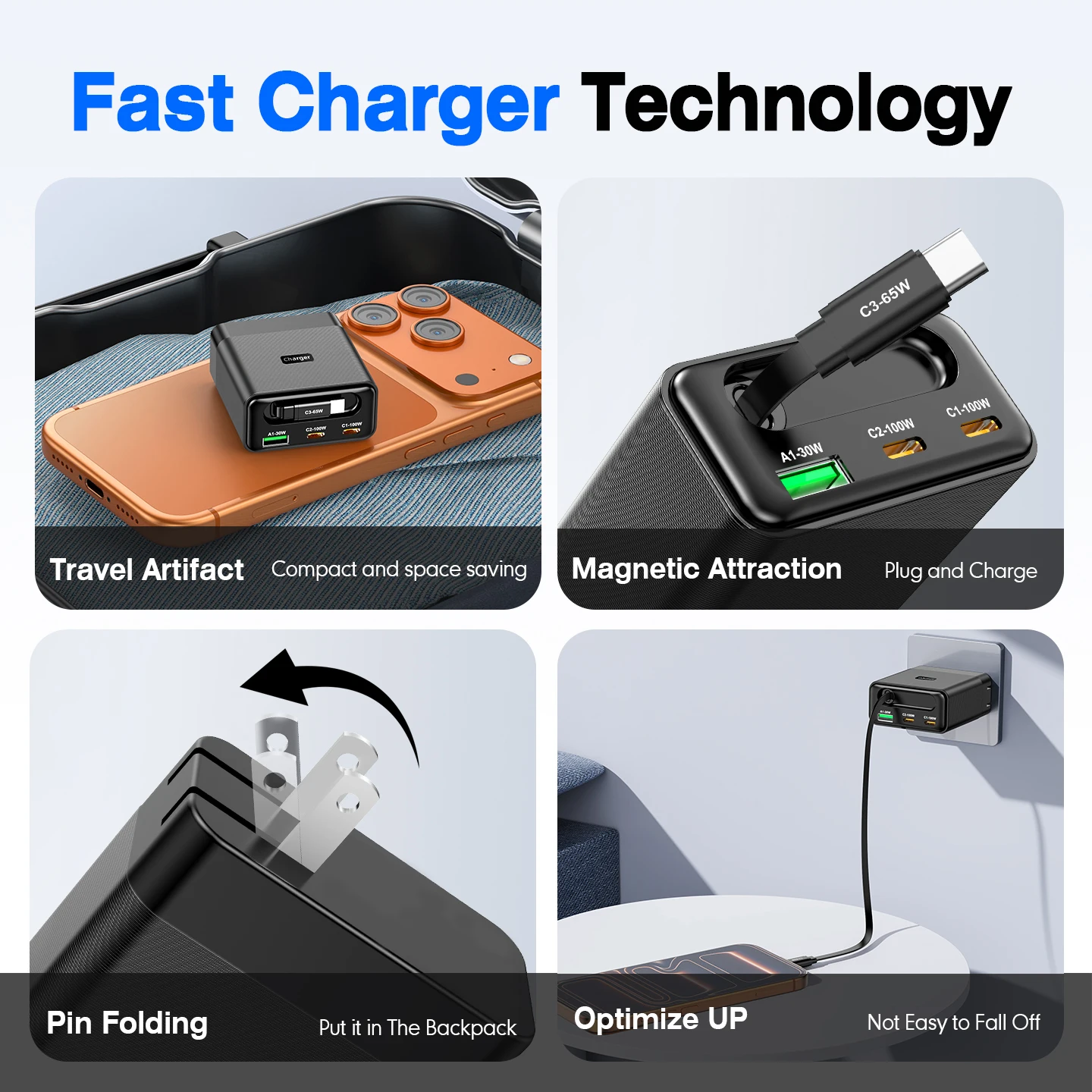 AIXXCO GaN 100W 3-портовое зарядное устройство USB-C PD QC3.0 с кабелем 65W, адаптер для быстрой зарядки с вилкой EUUS, дорожный адаптер для iPhone 17 16 (art.: 3920dca1fd3df) - 3920dca1fd3df