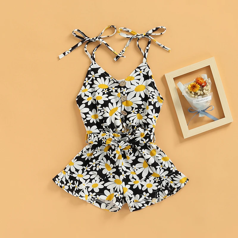 

Toddler Baby Girls Summer Romper Daisy Print Sleeveless Jumpsuit Button Shorts Playsuit for 1-6Y