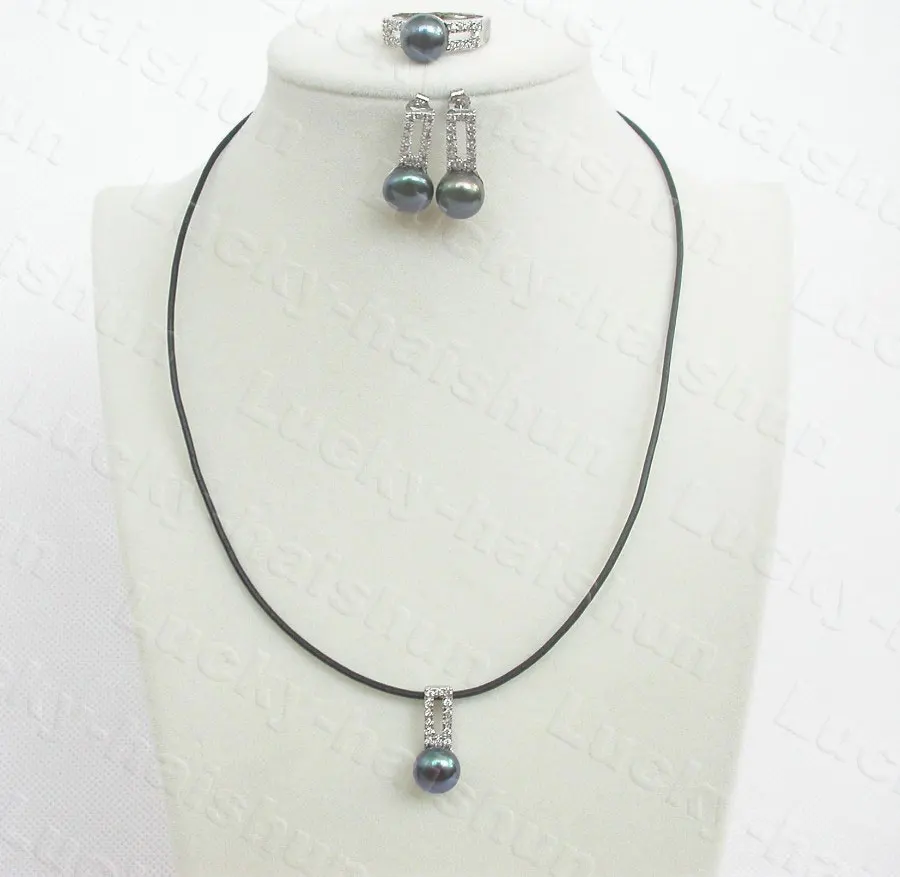

JQHS Genuine 43cm 9mm Round Black Pearls Earrings Pendant Rings Necklace Set C977