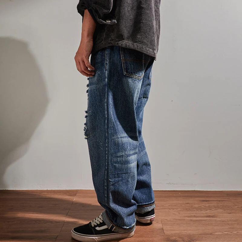 Red-ear jeans men's heavy hand-cut knife holes loose straight outline style jeans long pants