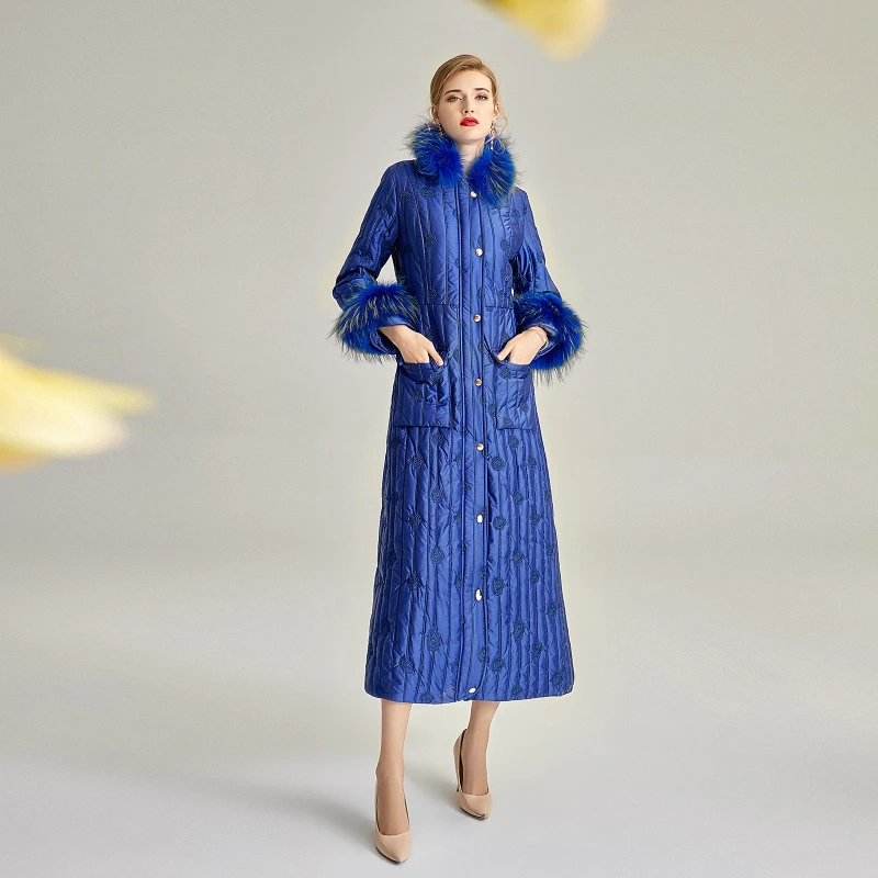 RosEvans Xlong Winter Women Real Fur Luxury Down Cotton Satin Parka single breasted Female Warm Embroidery Ultra Thick Long Coat