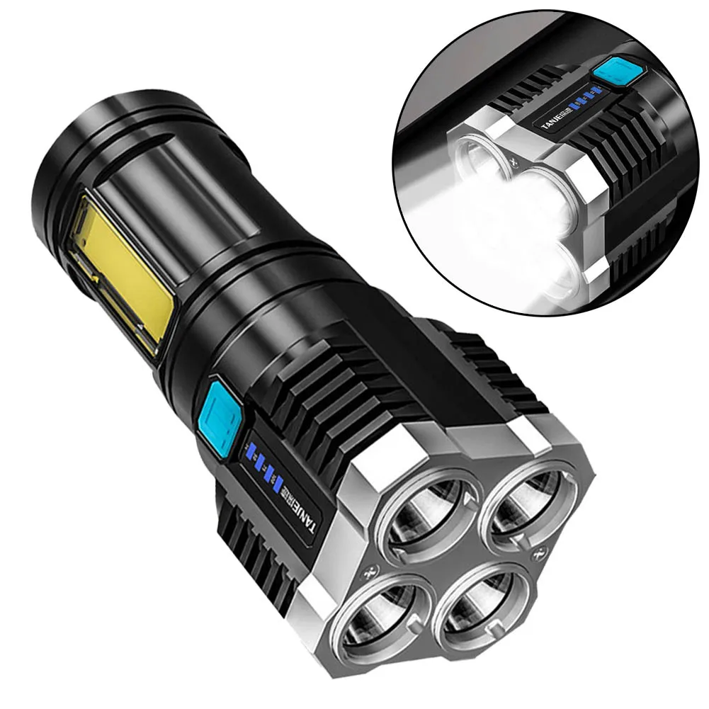 4 Heads LED Portable Flashlight Strong Light With Power Display Rechargeable COB  Built-in Battery Waterproof Camping Lamp