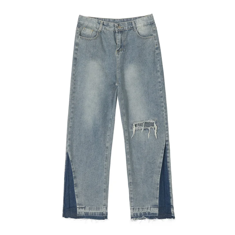 DEEPTOWN Patchwork Jeans Men Classic Hole Cross Straight Denim Pants Hip Hop Casual Loose Trousers Male Washed Fashion Spring