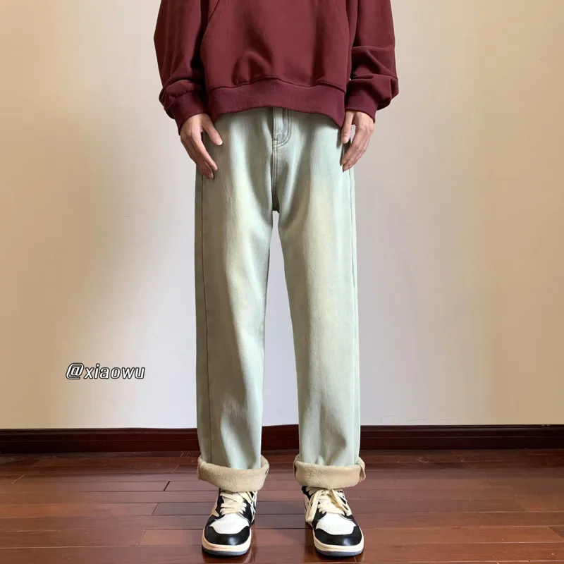 Winter Fleece Jeans Men Warm Fashion 3 Colors Casual Baggy Straight Jeans Men Streetwear Loose Denim Pants Mens Trousers M-2XL