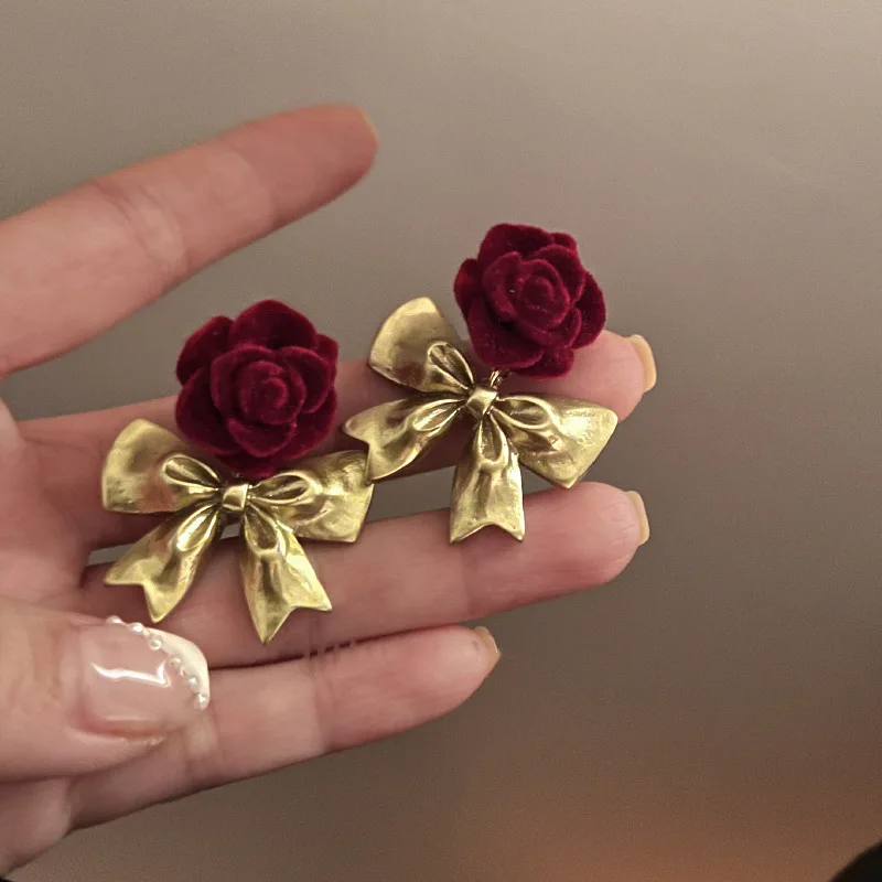 Silver Needle Flocking Burgundy Flower Bow Earrings Korea Temperament Light Luxury Fashion Joker Wholesale