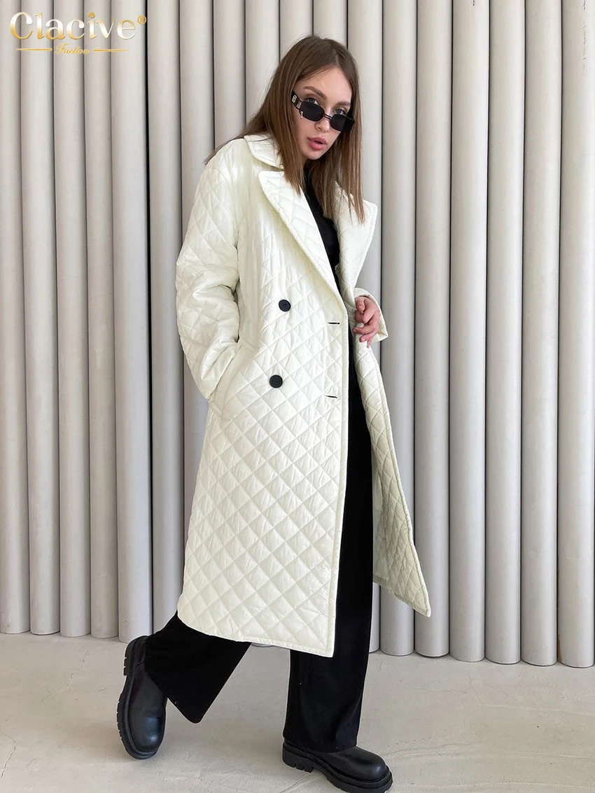 Clacive Winter Beige Coat For Women Fashion Lapel Long Sleeve Office Lady Coats Elegant Lace-Up Warm Jackets Female Clothing
