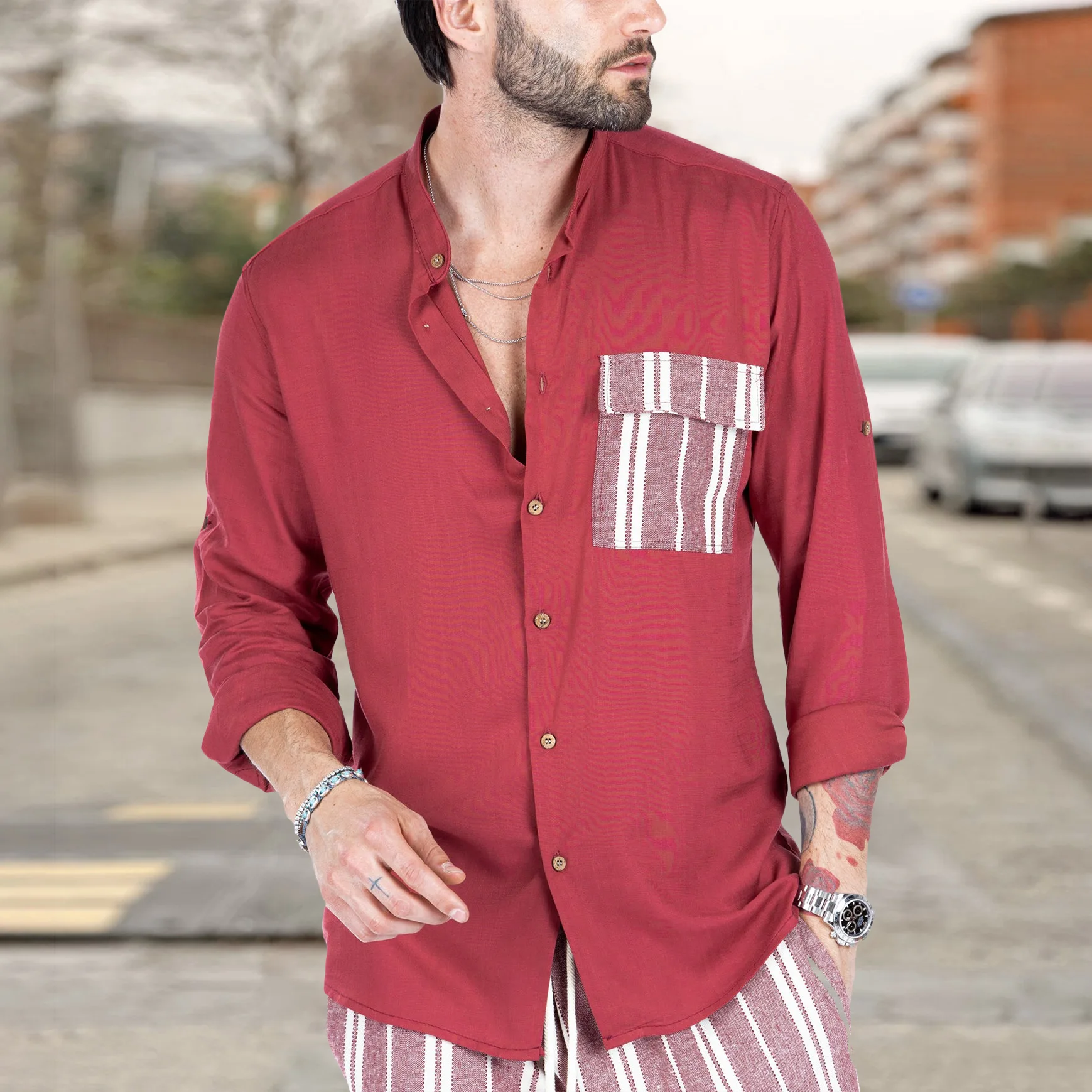 2023 Men Clothes New Fashion Summer Contrast Color Stitching Lapel Casual Men's Cotton Linen Short Sleeve Shirt Comfortable Tops