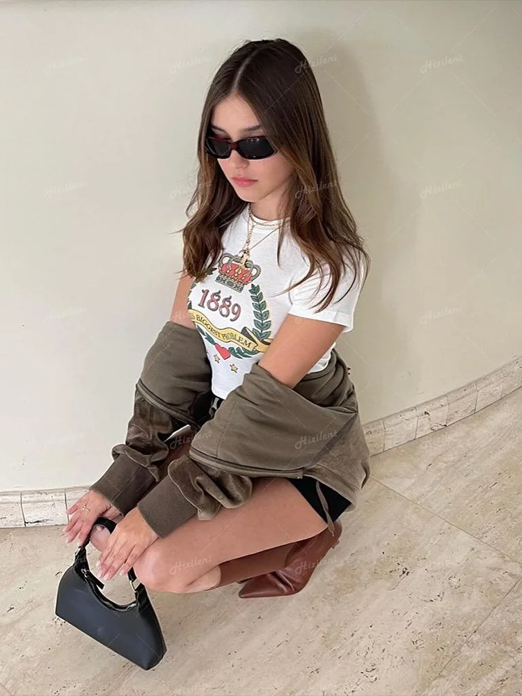 

Summer graphics Print Short Sleeve O-Neck Crop Tops Women Clothes vintage Y2K Harajuku Casual Slim Streetwear Navel baby tee Y2K