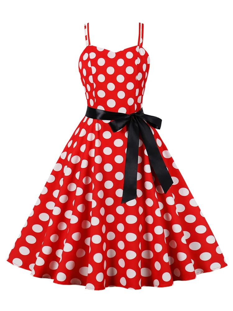 

Vintage Spaghetti Strap A-Line Summer Dresses for Women Polka Dot Printed 2023 Vacation Beach Casual Belted Swing Tunic Dresses