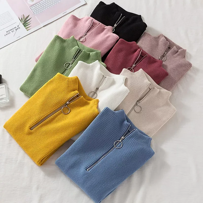

NEW 2023 Zipper Women Sweater Autumn Pullover Knitted Jumper Long Sleeve Fashion Elegant Korean Chic Winter Female Blouse New