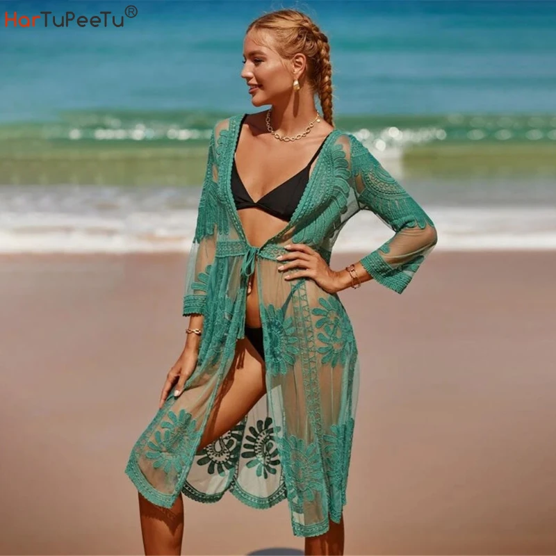 

7 Colours Beach Bikini Cover Ups Women Holiday Dress Bandage Tunic Waist 3/4 Sleeve Swimwear Cape Cardigan Femme Robe Plage