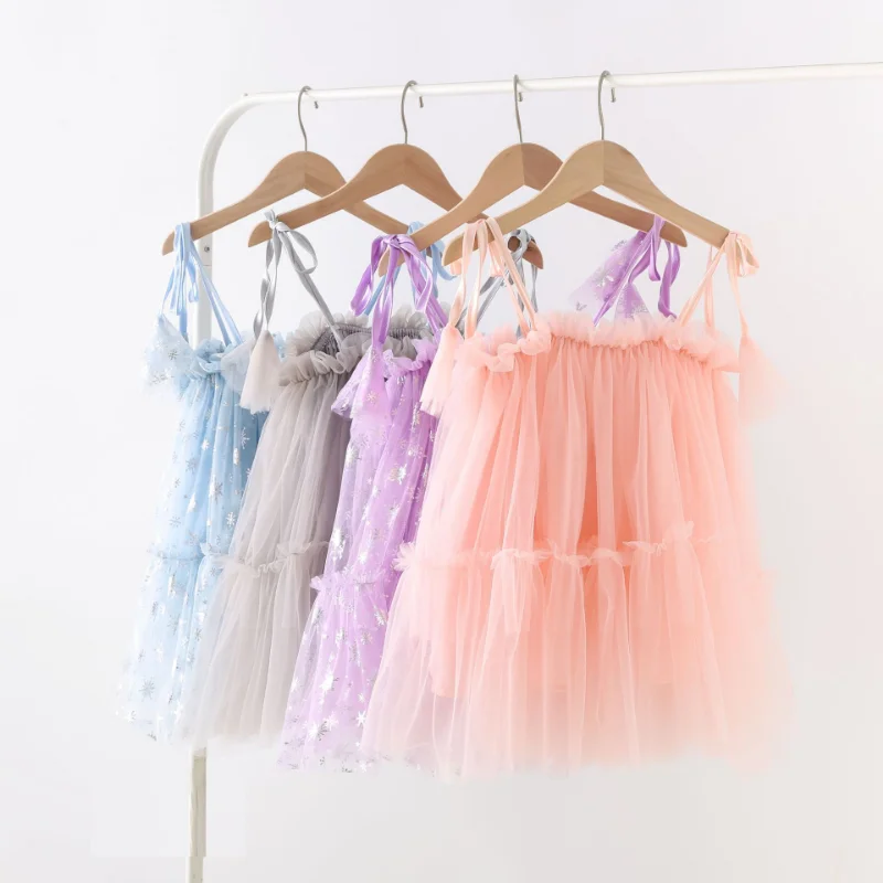 

Snowflake Print Girls Party Dresses Cake 2023 Summer New Mesh Princess Dress Baby Bow Suspender Ball Gown Birthday Piano Dress