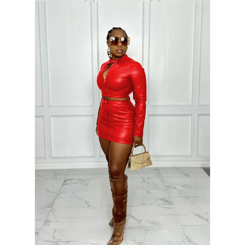 

Spring Sexy Two Piece Set Women PU Leather Zipper Long Sleeve Crop Top+Skirt Sets Lounge Club Outfits Streetwear Wholesale Items