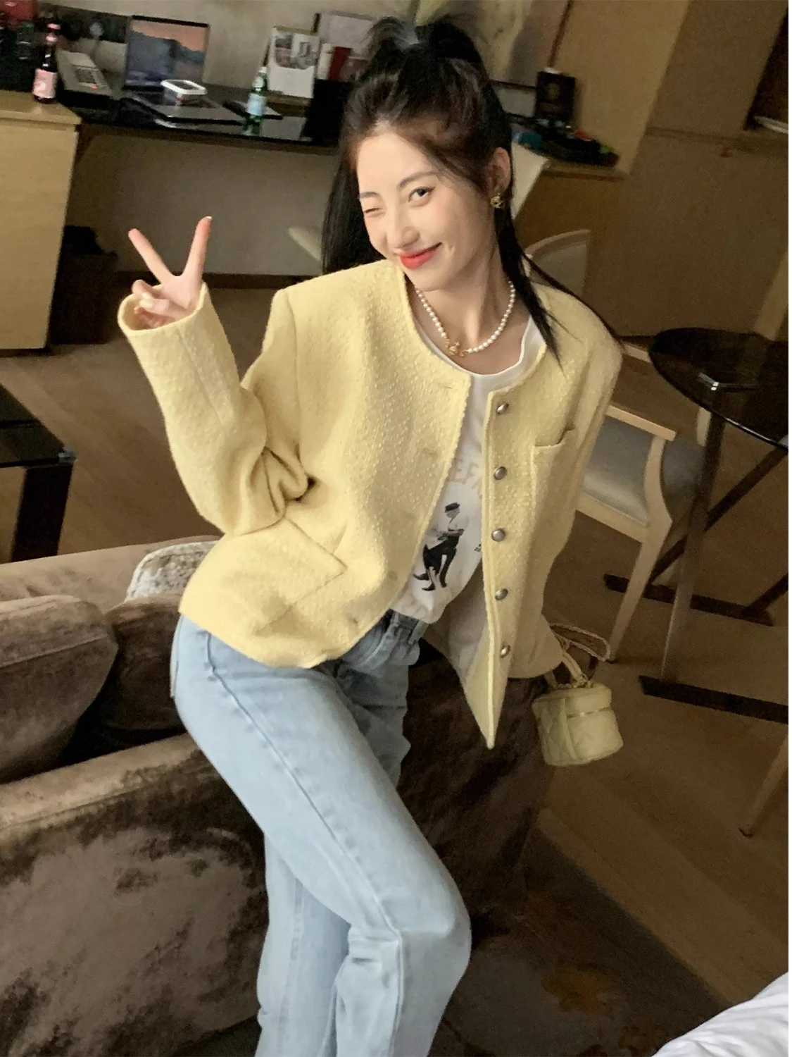 

Wool Blend Women Tweed Short Jacket Spring Elegant Woolen Slim Coat Korean Trend Vintage Chaquetas Sweet Streetwear Jaquetas Ne