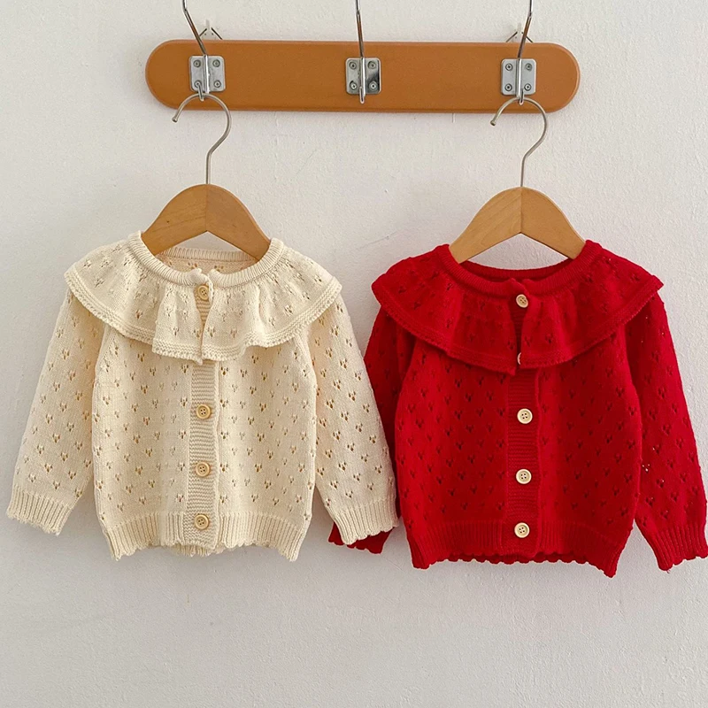 

Осенне-весенний вязаный кардиган для маленьких девочек, однотонный кардиган с длинными рукавами и вырезами, пальто, свитер для новорожденн...