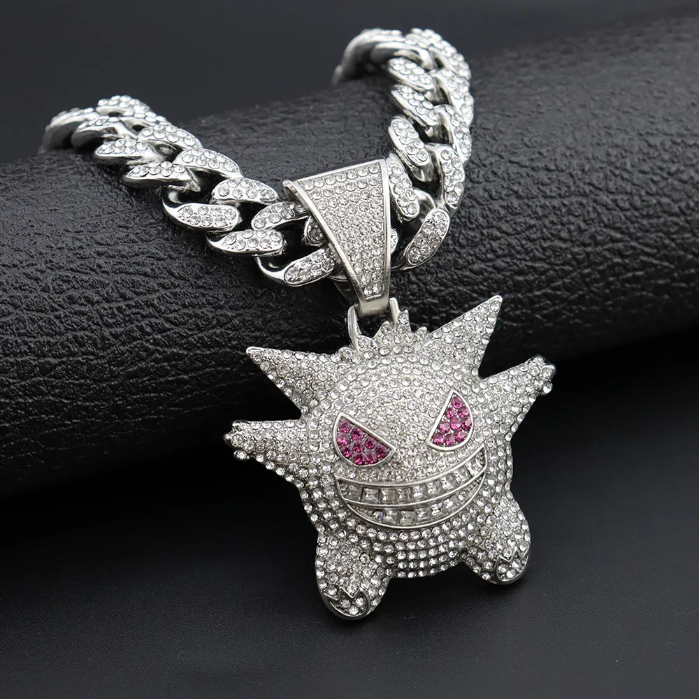 Stainless Steel Crystal Cuban Necklace Men Hip Hop Monster Anime Pokemon Pendant Chain Item Cubic Zircon Mask Ghost Tide Jewelry