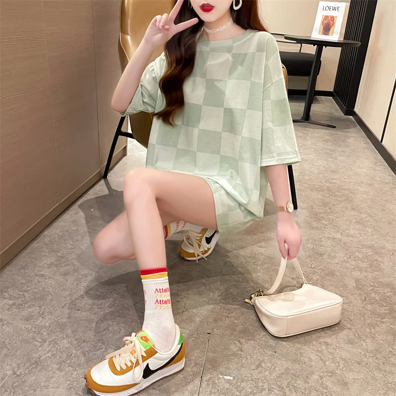 

Женская футболка с круглым вырезом, розовая или зеленая футболка с коротким рукавом, большого размера